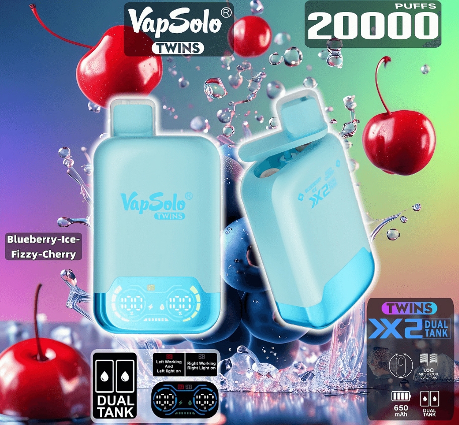 VapSolo TWINS 20000 Puffs Vape - bosbessenijs en bruisende kers: 20.000 IJskoude Bosbessengevleugelde Kersenexplosies in Één Nederlands Meesterwerk